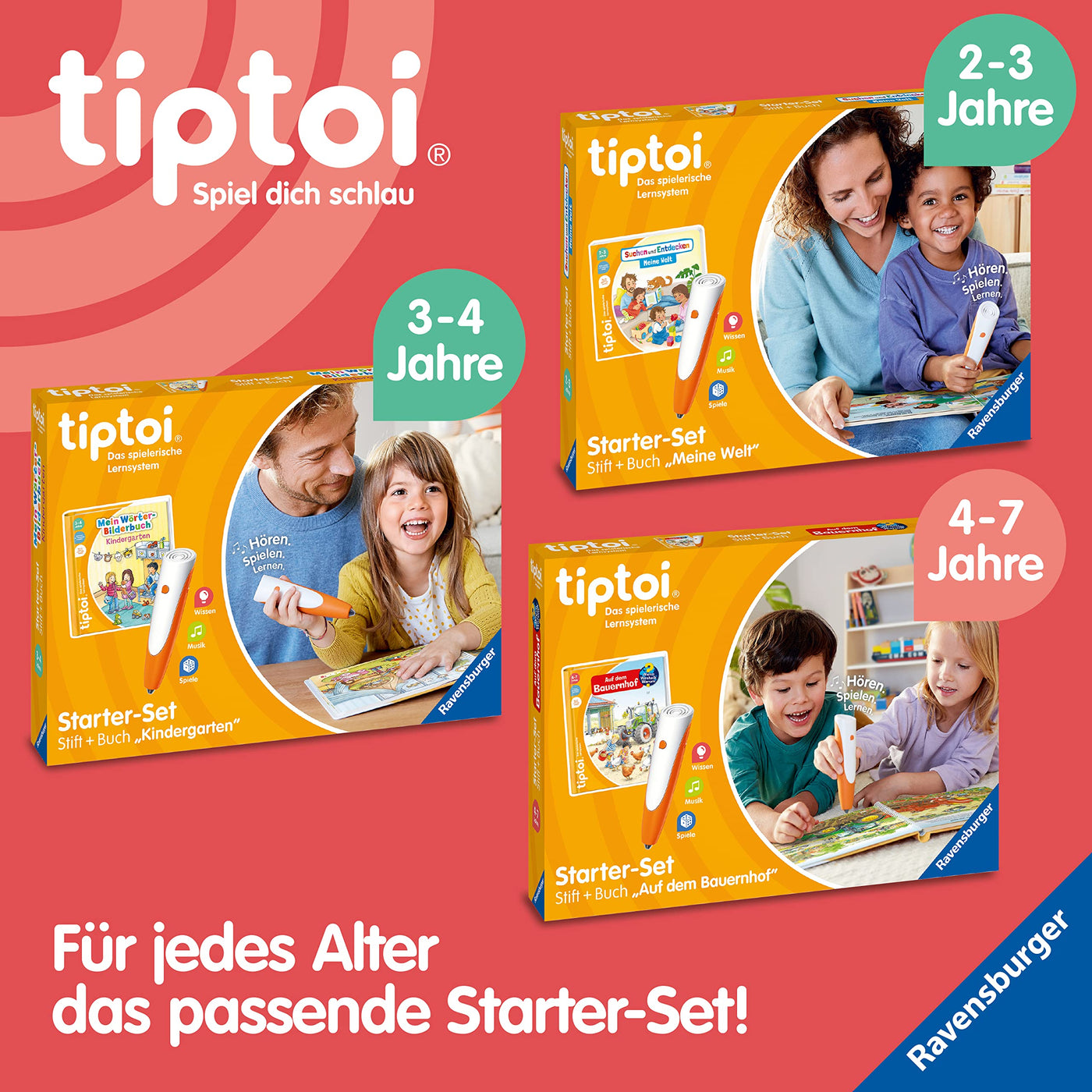 Ravensburger tiptoi Stift und Wörter-Bilderbuch Kindergarten - Lernspielzeug für Kinder ab 3 Jahren - Stylus mit überragender Audioqualität, Akku und Soft-Grip-Hülle - Grün, Orange, Silber - 00113