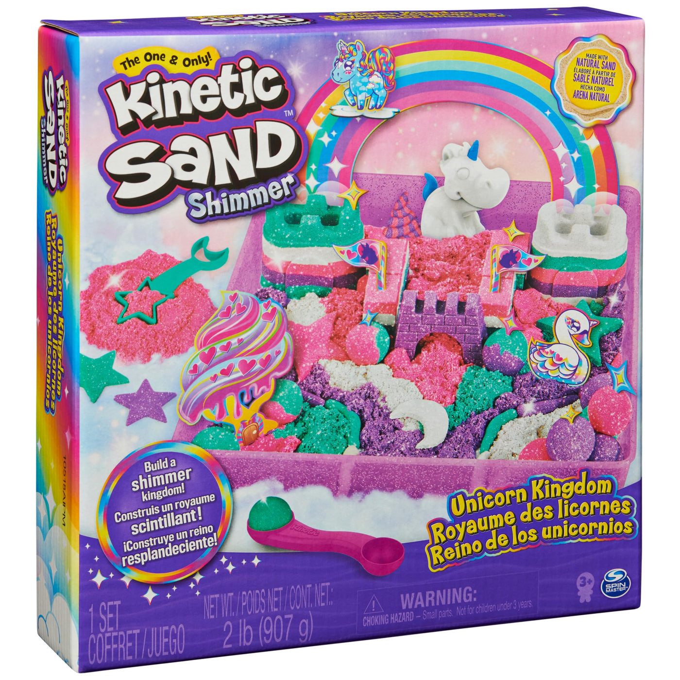 Kinetic Sand Magischer Sand – Einhorn-Königreich 907 G + 8 Formen – Erstellen Sie verschiedene hypnotisierende Formen mit diesem magischen und bunten Sand wie Knetmasse – Spielzeug für Kinder ab 3