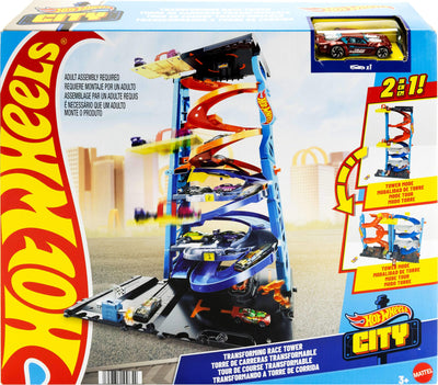 Hot Wheels City Trackset mit 1 Auto, 2-in-1-Rennturm, von Einzelbahn in zweispurige Rennbahn umwandelbar, manueller Aufzug, HKX43