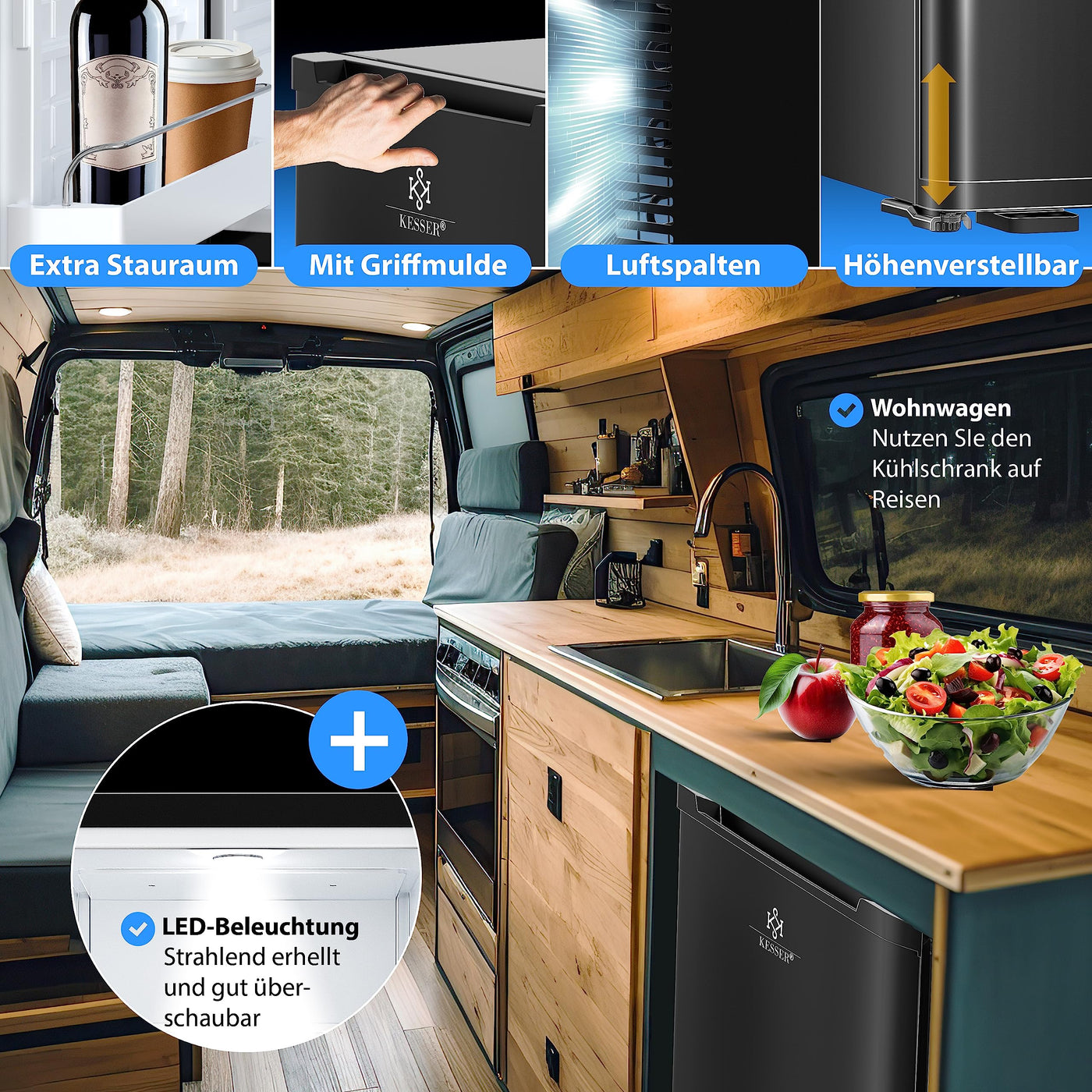 KESSER® Minikühlschrank mit Schloss, Minibar 40 Liter Nutzinhalt, Leise 22db, Abschließbar, Schlafzimmer, Wechselbarer Türanschlag, ca. 4°-16°C Höhe 57cm, Innenbeleuchtung Tisch-Kühlschrank Schwarz