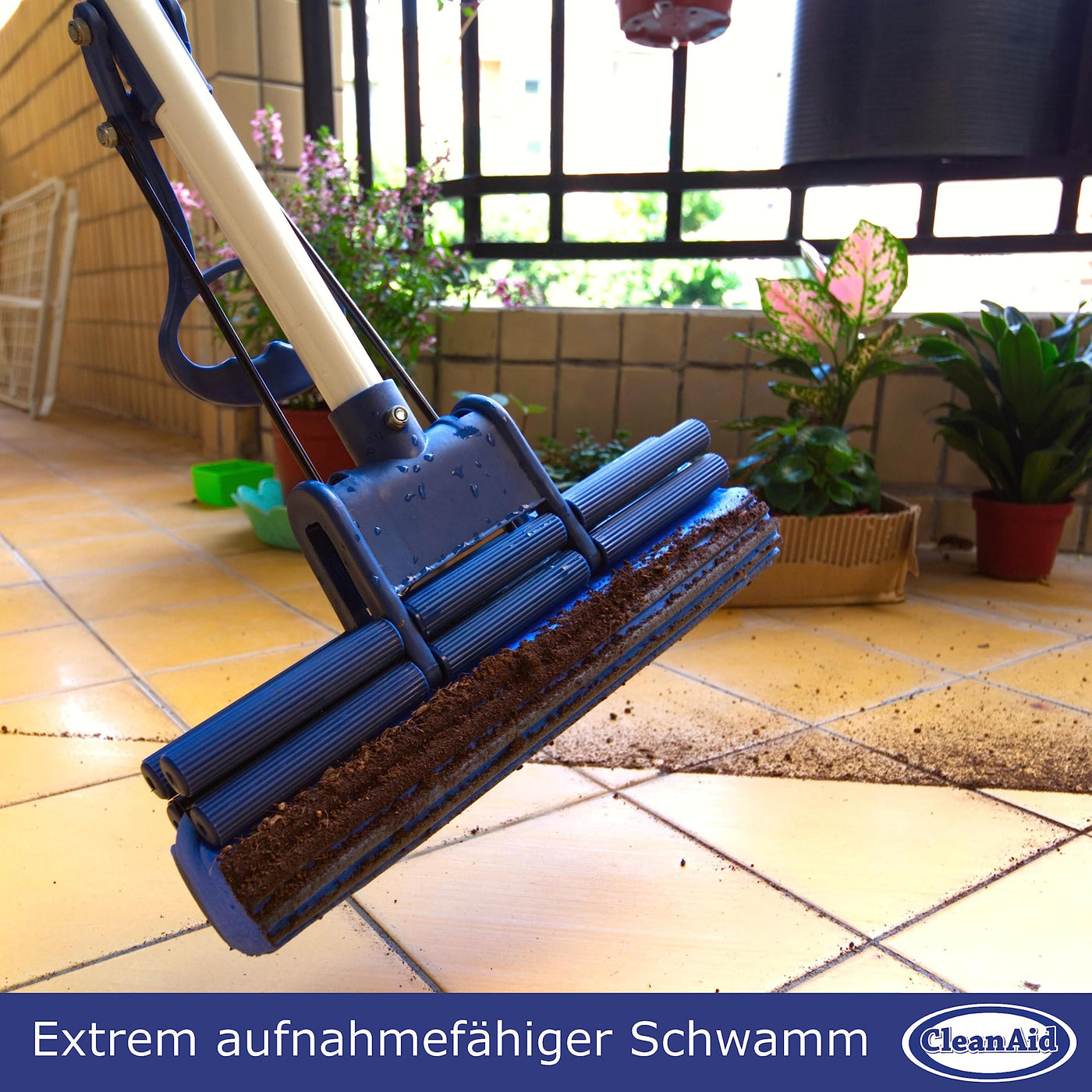 CleanAid OneTouch Easy Wischmopp, Bodenwischer, Wischer - besonders saugstark - PVA Schwamm und Teleskopstiel - Wischmopp mit Auswringfunktion, Tierhaarentferner, Schwamm, Bodenreinigung