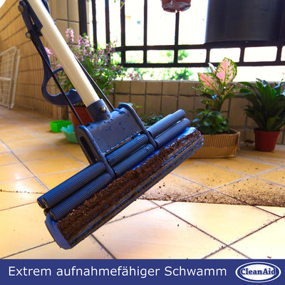 CleanAid OneTouch Easy Wischmopp, Bodenwischer, Wischer - besonders saugstark - PVA Schwamm und Teleskopstiel - Wischmopp mit Auswringfunktion, Tierhaarentferner, Schwamm, Bodenreinigung