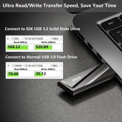 SSK USB3.2 SSD Stick 128GB, High Speed bis zu 550MB/s Extreme Schneller + Adapter Externe Tragbare SSD USB3.2 Gen 2 Speicherstick für Typ-C-Android-Telefone, Laptop, Tablet, Mac