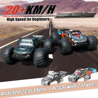 KINSAM Ferngesteuertes Auto, 20 km/h für Kinder ab 6 8 10 Jahre,Spielzeug Monstertruck Ferngesteuert mit 2 Akku 1000Mah(60min Spielzeit),2.4GHz RC Car für Anfänger,RC Buggy Offroad mit 2 Karosserien ﻿