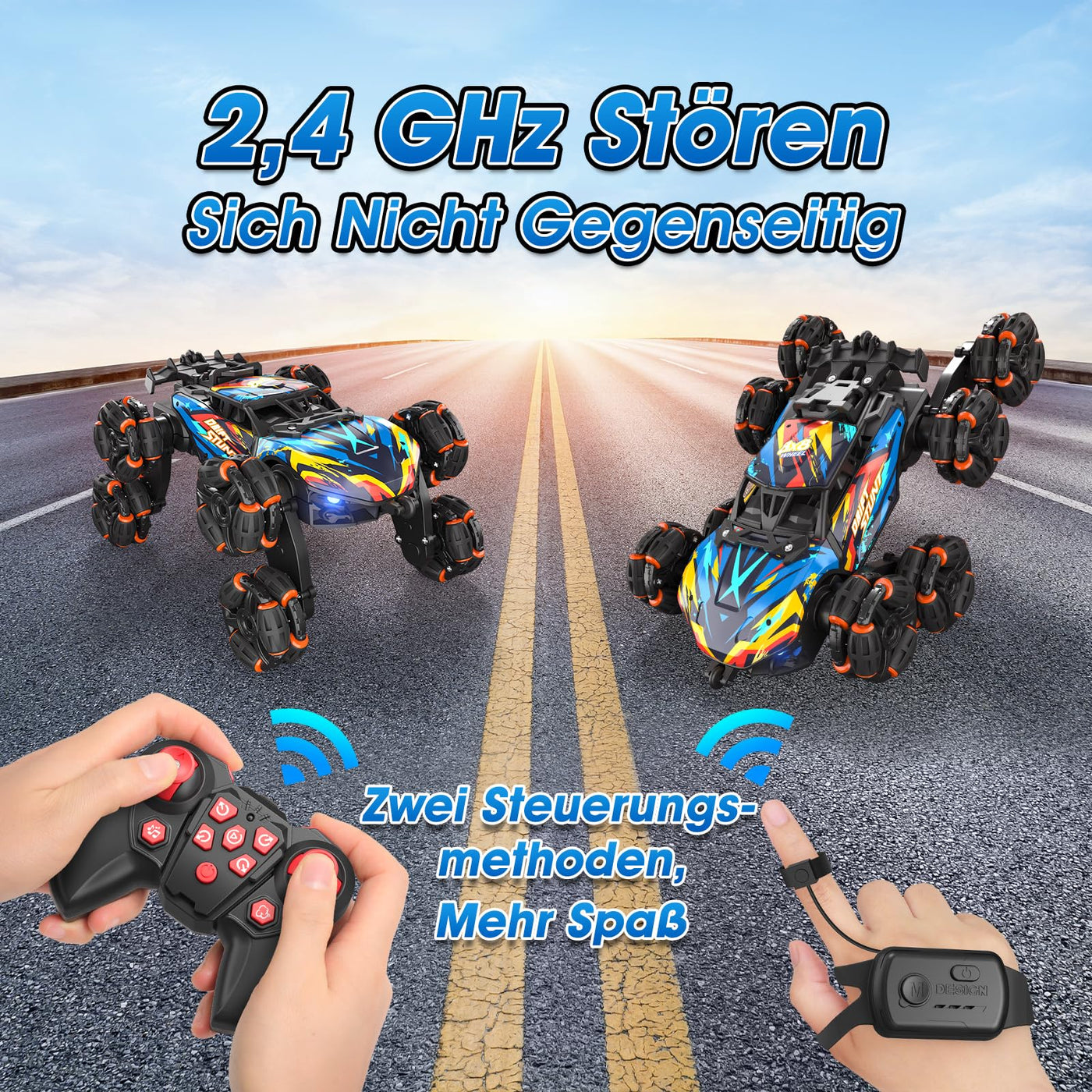 Ferngesteuertes Auto, Ferngesteuertes Auto ab 3 4 5 6 7 8 9 10 Jahre Kinder, 8WD Stunt und Handsteuerung, RC Drift Car mit LED Licht, Musik und Spray, RC Spielzeug Geschenk ab 3-12 Jahre Junge