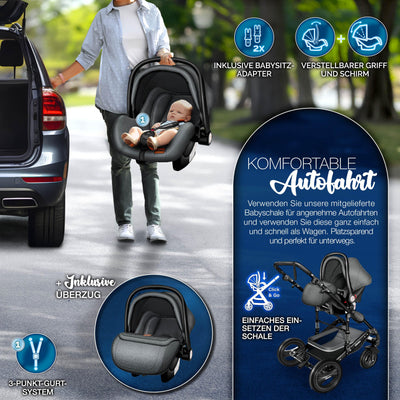 KIDUKU® 3 in 1 Kinderwagen Komplettset | Kombikinderwagen Set inkl. Babywanne & Buggy Sportsitz & Auto-Babyschale Fußsack | Vollgummireifen Wickeltasche Handwärmer Regenschutz Kindertisch ECE R129