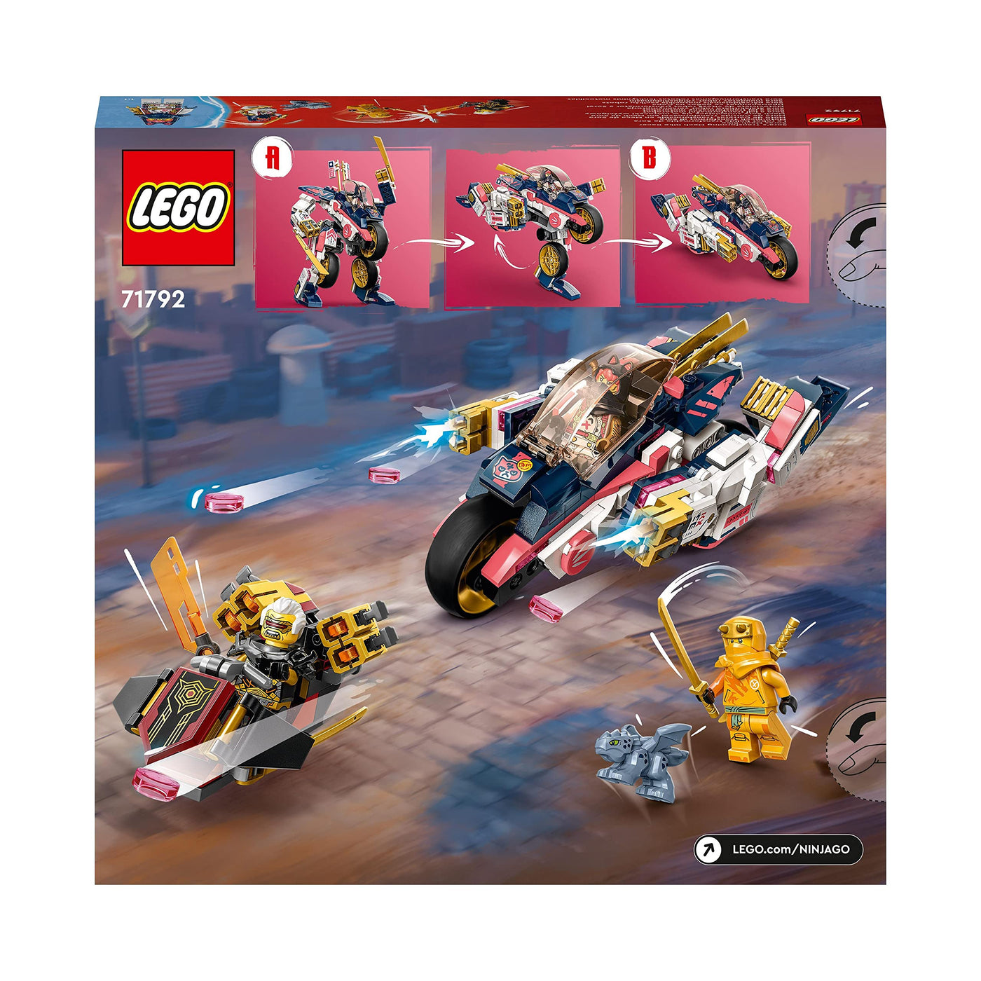 LEGO 71792 NINJAGO Soras transformierender Mech-Bike-Renner, 2in1 Set mit transformierender Mech-Actionfigur, Motorrad-Spielzeug Set mit 3 Minifiguren für Kinder, Jungen und Mädchen
