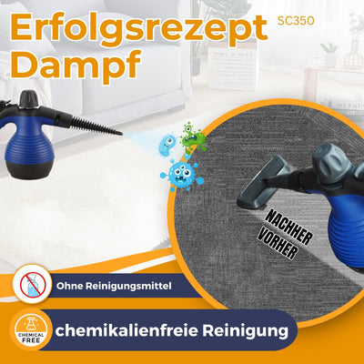 Sommertal SC350 - tragbarer Dampfreiniger inkl Zubehör – kompakter Hand-Dampfreiniger für Polstermöbel, Fliesen, Böden – Steam Cleaner - 350 ml, 110°C Dampf - nachhaltig ohne Chemie - GS geprüft