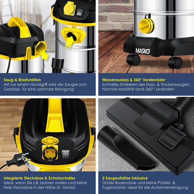 MASKO® Industriestaubsauger 1800Watt Mit Steckdose Blasfunktion | Mehrzwecksauger Trocken-Saugen & Nass-Saugen | Industrie-Sauger mit & ohne Beutel | Wasser-Staubsauger beutellos