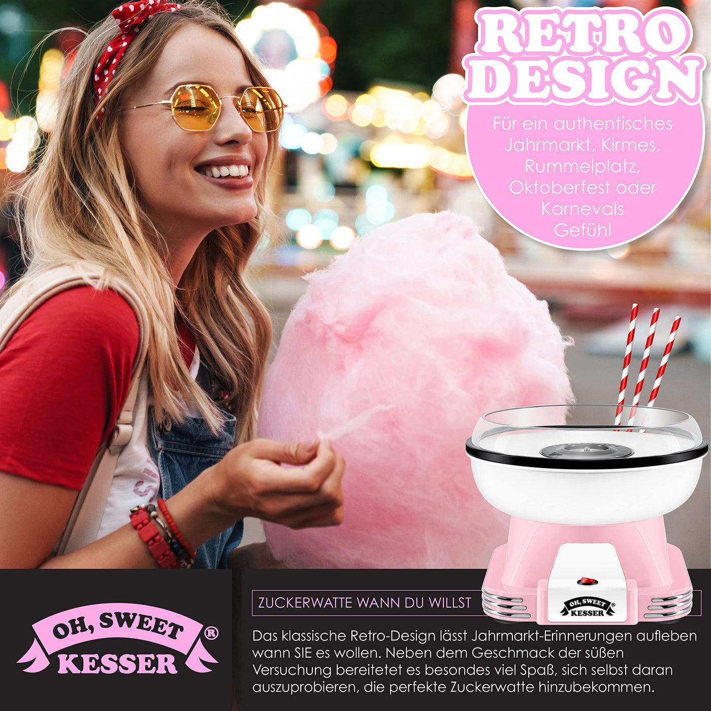 KESSER® Zuckerwattemaschine Set für Dein zuhause - Mit 30x Zuckerwatte Stäbchen & Messlöffel - Retro Cotton Candy Maschine - Zuckerwatte Maschine Mit Zubehör - Höhe 22 cm - 500 W Rosa Weiß
