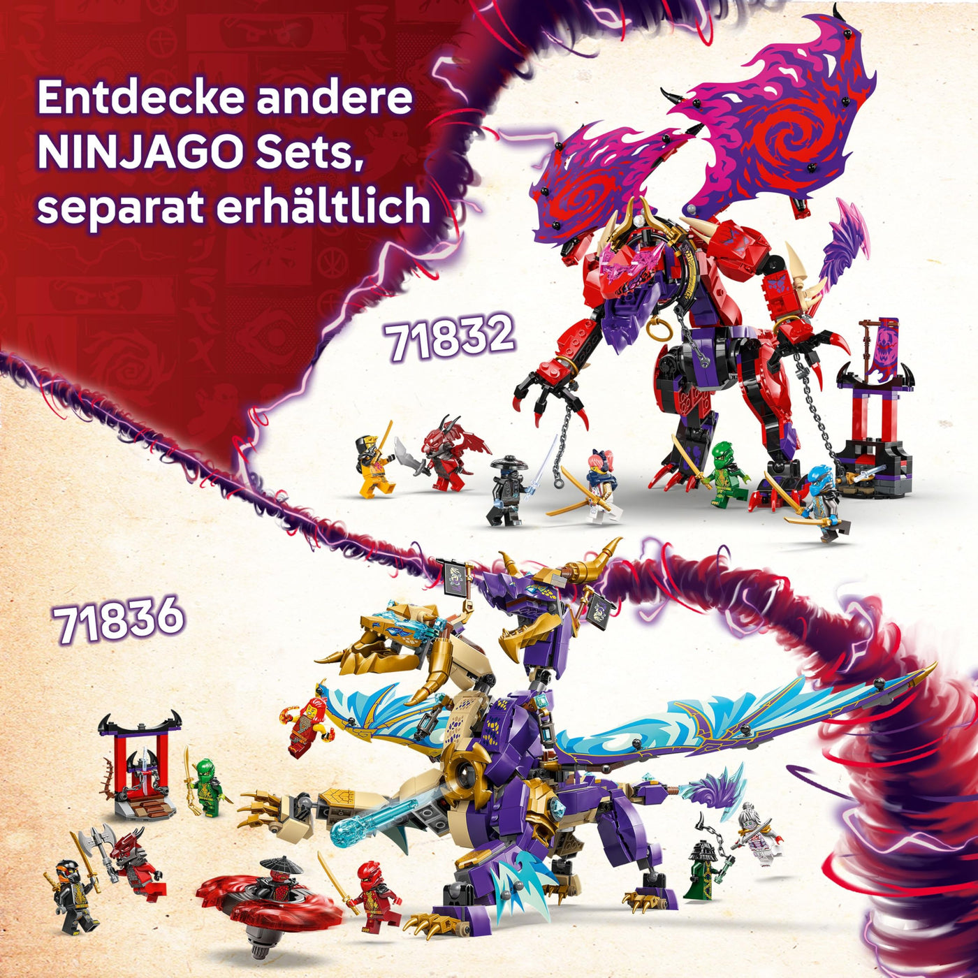 LEGO NINJAGO Chaosdrache Donnerzahn – Bewegliche Actionfigur mit 6 Minifiguren (Lloyd, NYA, Arin und Sora) – Kreatives Spielzeug zu Weihnachten für Kinder ab 8 Jahren – 71832