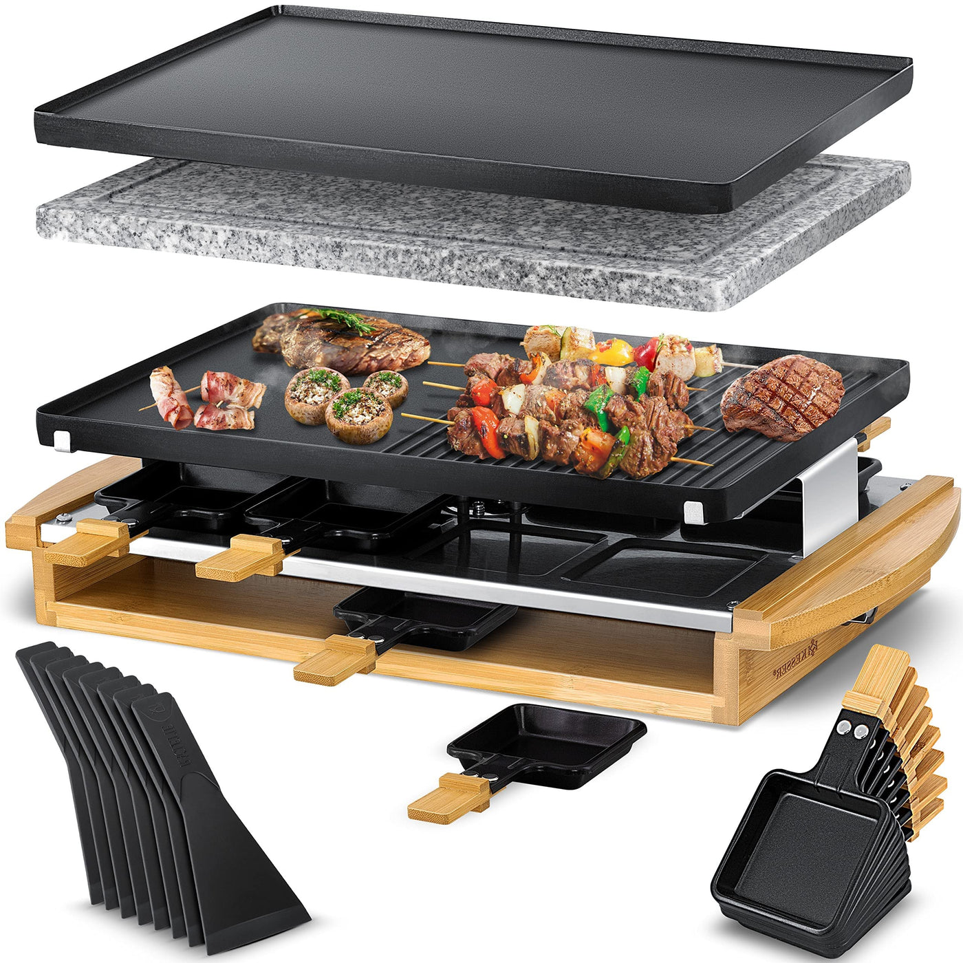 KESSER® Raclette-Grill mit Naturgrillstein, Grillplatte Tischgrill für 8 Personen, Elektrogrill Raclette Grill antihaftbeschichteter Grillplatte, 8 Pfannen und Holzspatel 1200W