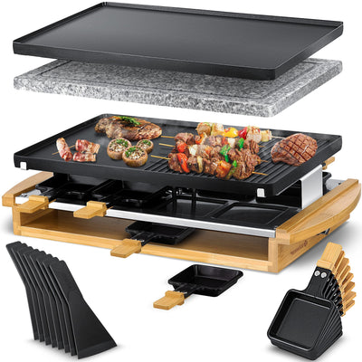 KESSER® Raclette-Grill mit Naturgrillstein, Grillplatte Tischgrill für 8 Personen, Elektrogrill Raclette Grill antihaftbeschichteter Grillplatte, 8 Pfannen und Holzspatel 1200W