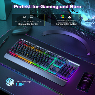 TECKNET RGB Gaming Tastatur für PC, Membran Tastatur mit 105 Tasten, Vollmetall-Pane, Handgelenkauflage,15-Zonen RGB Beleuchtung, 25 Anti-Ghosting-Tasten, Computer Keyboard, Deutsches Layout(QWERTZ)