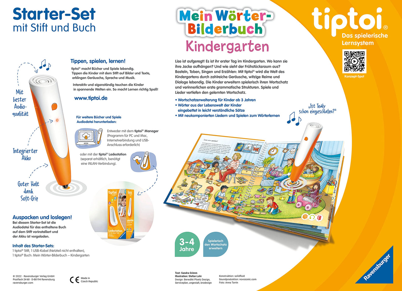 Ravensburger tiptoi Stift und Wörter-Bilderbuch Kindergarten - Lernspielzeug für Kinder ab 3 Jahren - Stylus mit überragender Audioqualität, Akku und Soft-Grip-Hülle - Grün, Orange, Silber - 00113