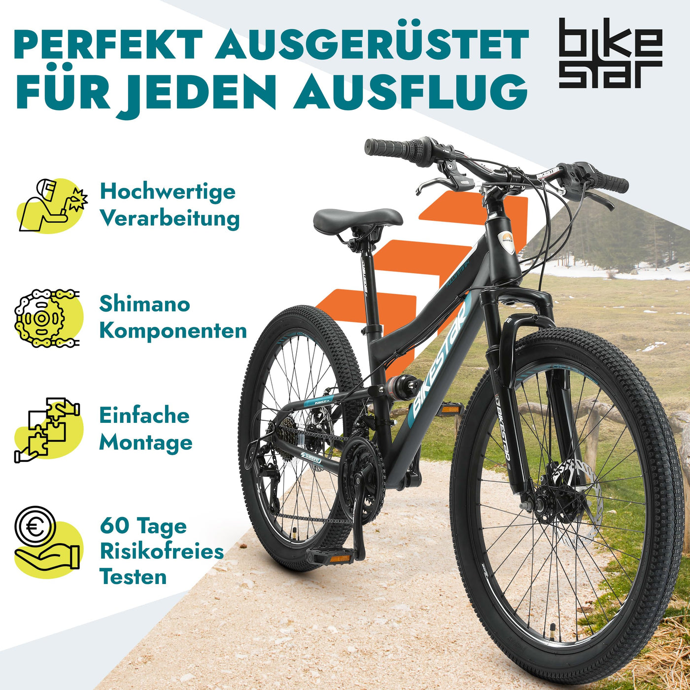 BIKESTAR Kinder Fahrrad Fully Mountainbike 21 Gang Shimano, Scheibenbremse ab 8 Jahre | 24 Zoll Kinderrad MTB | Schwarz