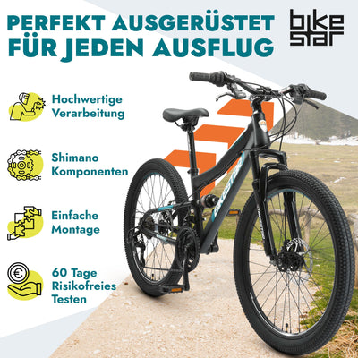 BIKESTAR Kinder Fahrrad Fully Mountainbike 21 Gang Shimano, Scheibenbremse ab 8 Jahre | 24 Zoll Kinderrad MTB | Schwarz