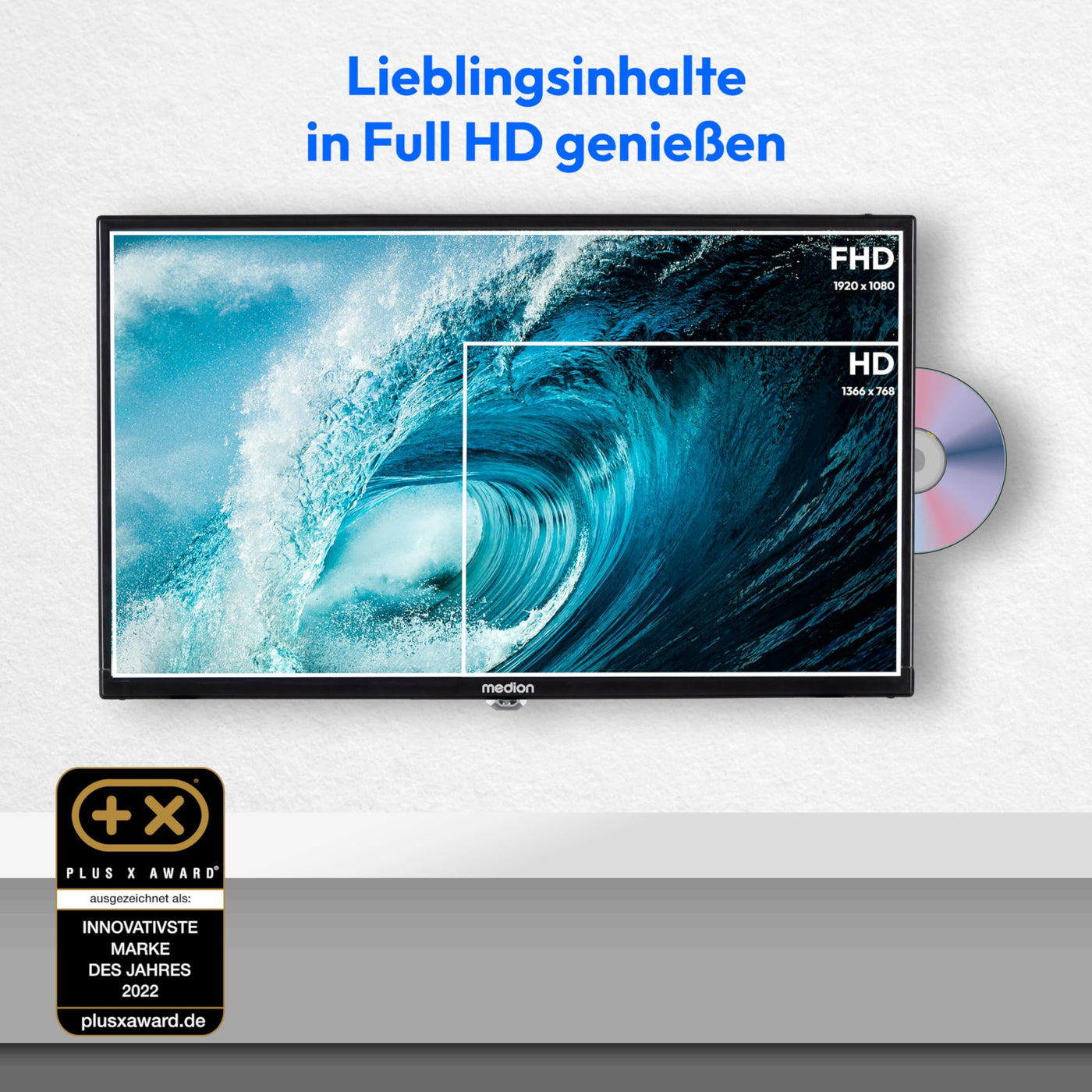 MEDION E12422 (MD 20114) 59,9 cm (24 Zoll) Full HD Fernseher mit DVD-Player (perfekt für Camping Wohnmobil LKW Garten, 12V KFZ Car-Adapter, Triple Tuner Receiver)