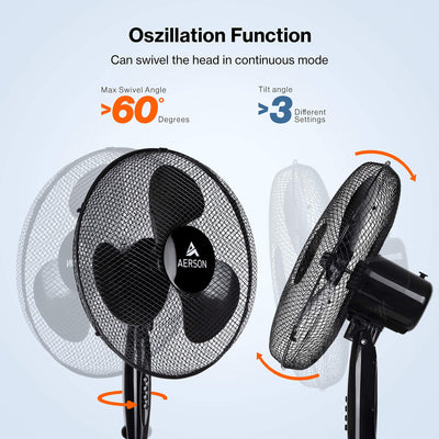 TRESKO AERSON Standventilator 40cm | Ventilator höhenverstellbar bis 120cm | hoher Luftdurchsatz und sehr leise | Windmaschine mit 3 Geschwindigkeitsstufen | Oszillationsfunktion ca. 80° (Schwarz)