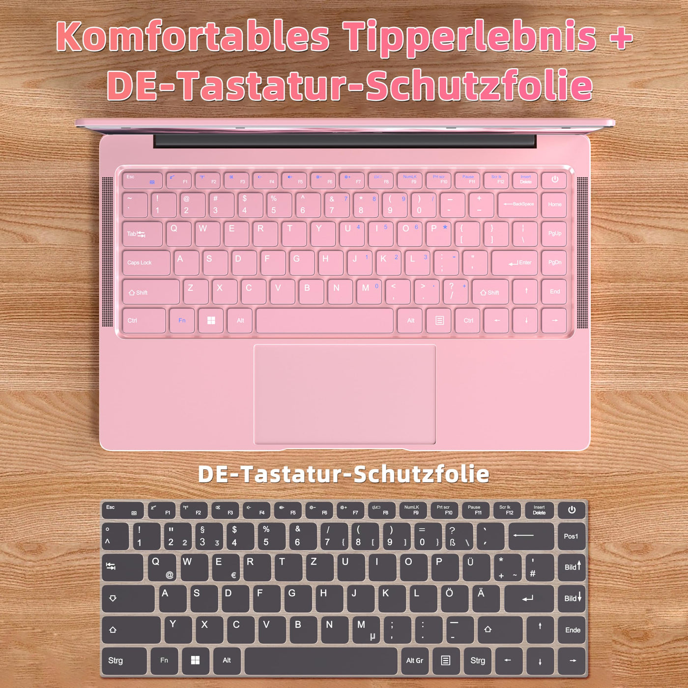 Fsjun 14 Zoll Laptop Roségold, FHD Display, 4 Kern Prozessor Celeron J4105, 8GB DDR4 RAM, 512GB SSD, Webcam, WiFi, USB 3.0 x2, Mini-HDMI, Ultra-dünn, Notebook für Anfänger, DE Tastaturschutz