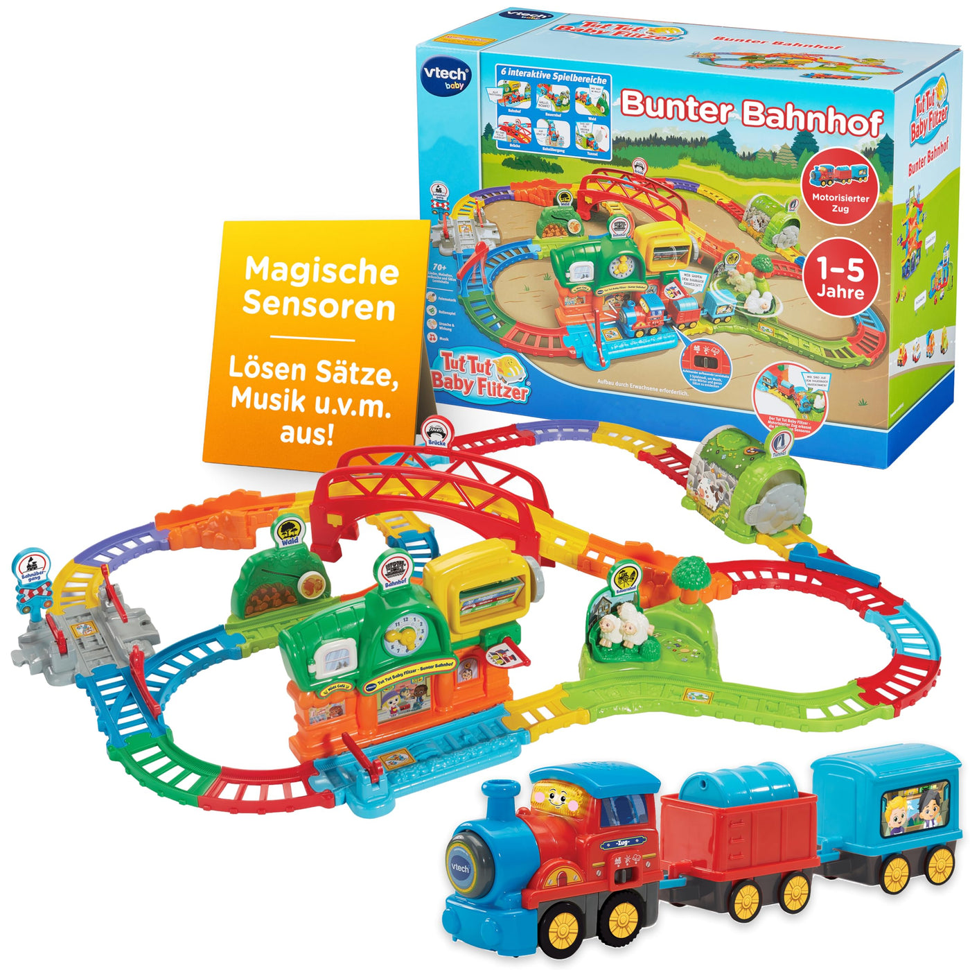 VTech TUT TUT Baby Flitzer – Bunter Bahnhof | Interaktives Spielset mit motorisiertem Zug, 2 Waggons, 70+ Melodien & Geräuschen, 19+ Schienen & 6 Spielbereichen, ab 1 Jahr