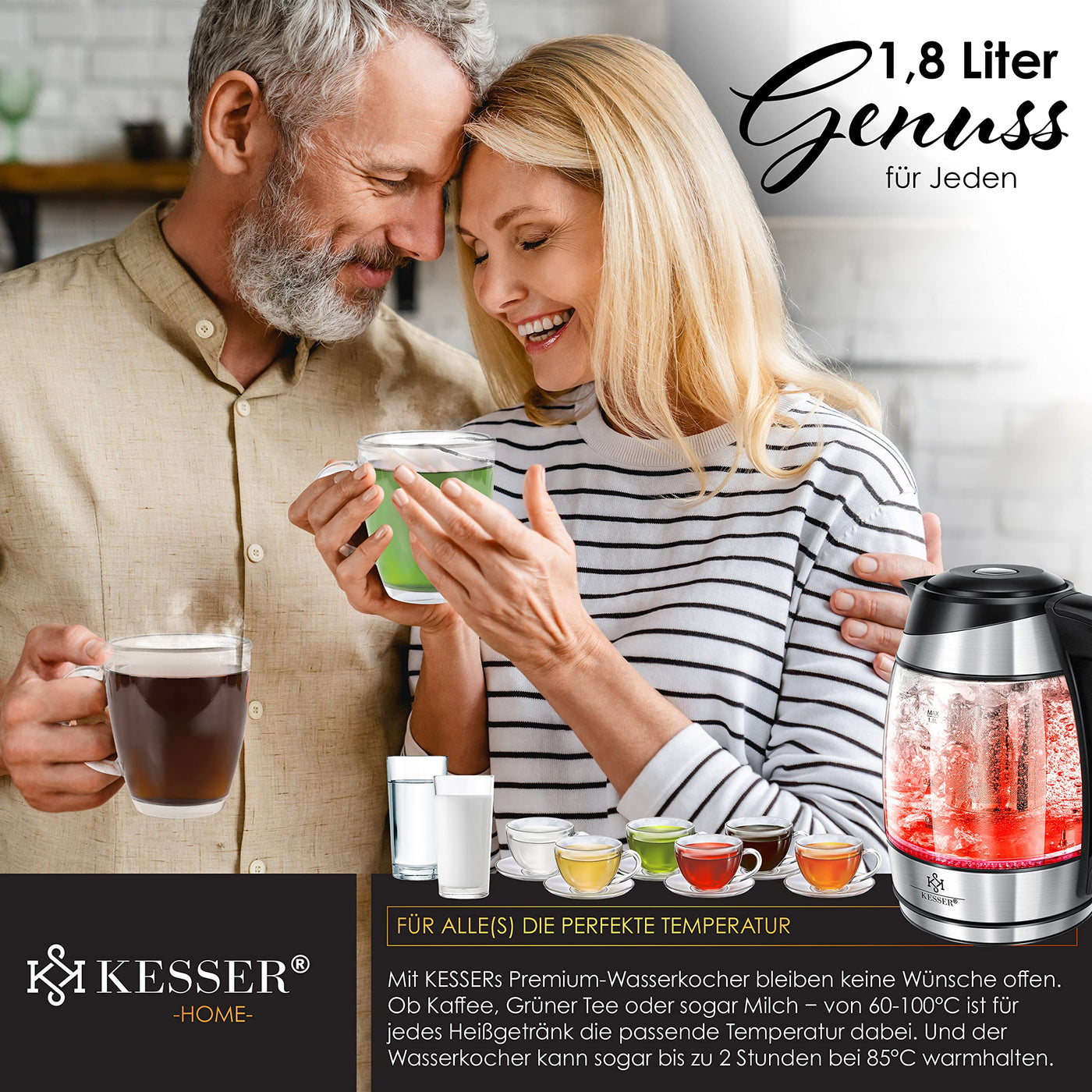 KESSER® Wasserkocher 1,8L Edelstahl mit LED Beleuchtung-Farbe je nach Temperaturwahl 60, 70, 80, 90, 100 °C | Glaswasserkocher ink. Teesieb-Einsatz und Kalk-Filter | Warmhaltefunktion