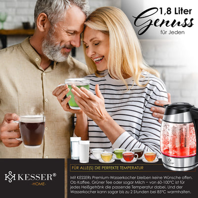 KESSER® Wasserkocher 1,8L Edelstahl mit LED Beleuchtung-Farbe je nach Temperaturwahl 60, 70, 80, 90, 100 °C | Glaswasserkocher ink. Teesieb-Einsatz und Kalk-Filter | Warmhaltefunktion