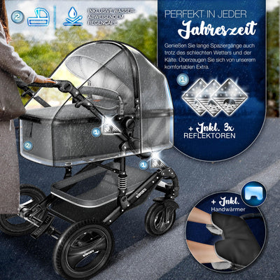 KIDUKU® 3 in 1 Kinderwagen Komplettset | Kombikinderwagen Set inkl. Babywanne & Buggy Sportsitz & Auto-Babyschale Fußsack | Vollgummireifen Wickeltasche Handwärmer Regenschutz Kindertisch ECE R129