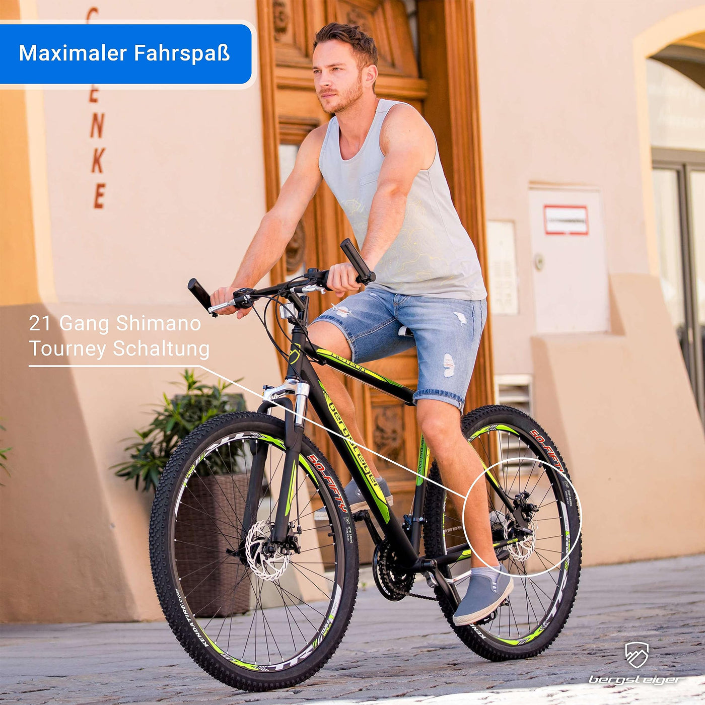 Bergsteiger Detroit 29 Zoll Mountainbike, geeignet ab 170 cm, Scheibenbremse, Shimano 21 Gang-Schaltung, Gabel-Federung mit Lockout-Funktion, Jungen-Fahrrad & Herren-Fahrrad