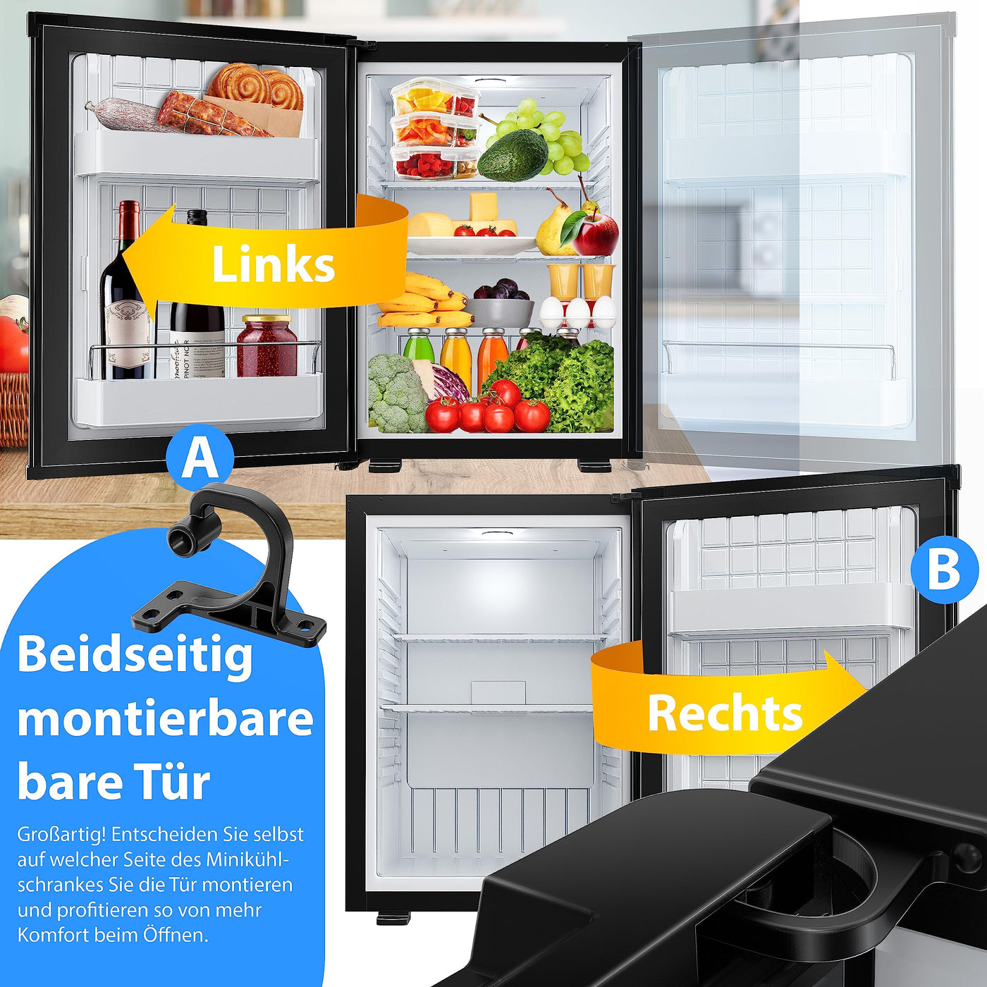 KESSER® Minikühlschrank mit Schloss, Minibar 40 Liter Nutzinhalt, Leise 22db, Abschließbar, Schlafzimmer, Wechselbarer Türanschlag, ca. 4°-16°C Höhe 57cm, Innenbeleuchtung Tisch-Kühlschrank Schwarz