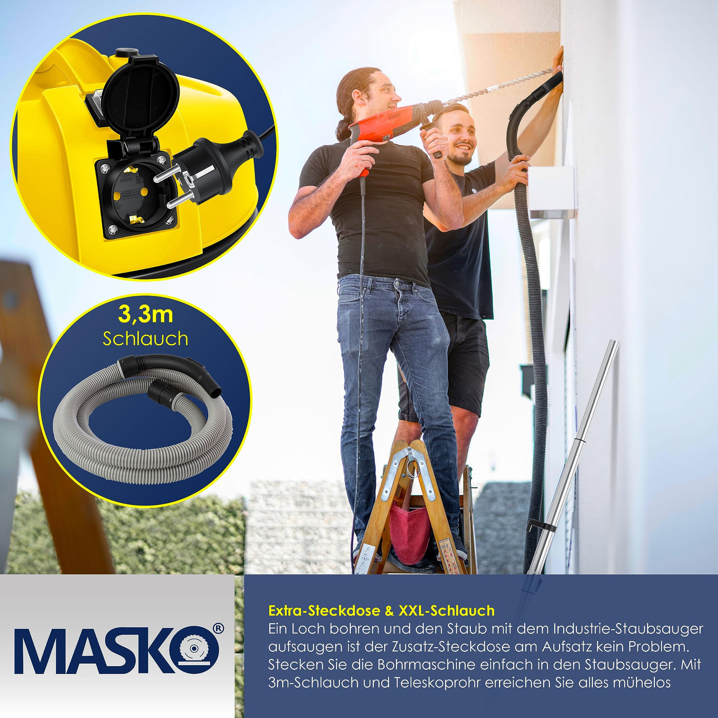 MASKO® 6IN1 Industriestaubsauger Staubsauger Nass Trocken Sauge Aschesauger 2300W + Steckdose✓ Blasfunktion ✓ Trocken-Saugen & Nass-Saugen | Industrie-Sauger mit & ohne Beutel | beutellos, Gelb