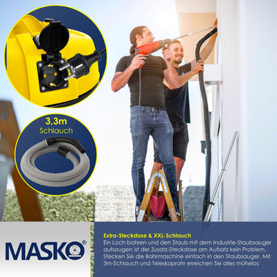 MASKO® 6IN1 Industriestaubsauger Staubsauger Nass Trocken Sauge Aschesauger 2300W + Steckdose✓ Blasfunktion ✓ Trocken-Saugen & Nass-Saugen | Industrie-Sauger mit & ohne Beutel | beutellos, Gelb
