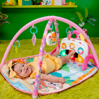 Bright Starts, 4-in-1 Groovin’ Kicks Piano and Drum Activity Gym Play Mat, Detachable Toys, Languages, Lights, Sounds and Music, Newborn and up - Floral Fiesta