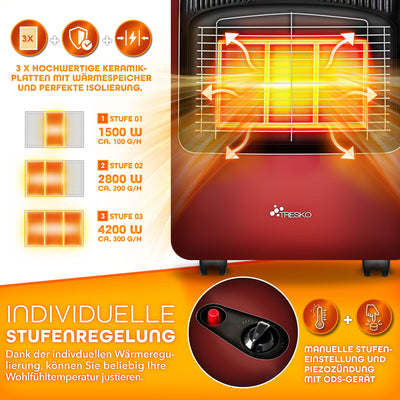 TRESKO 4200 Watt Gasheizung inkl. Gasdruckregler Gasschlauch + Abdeckung | Gasheizer Gasofen Gasheizofen mit 3 Stufen | Infrarot Gasheizgerät, Strahlend (Rot)