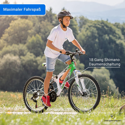 Bergsteiger Montreal 20, 24 Zoll Kinderfahrrad, geeignet für 6,7, 8, 9, 10, 11, 12, 13 Jahre, 18 Gang-Schaltung, Mountainbike mit Vollfederung, Jungen-Fahrrad, Mädchen-Fahrrad