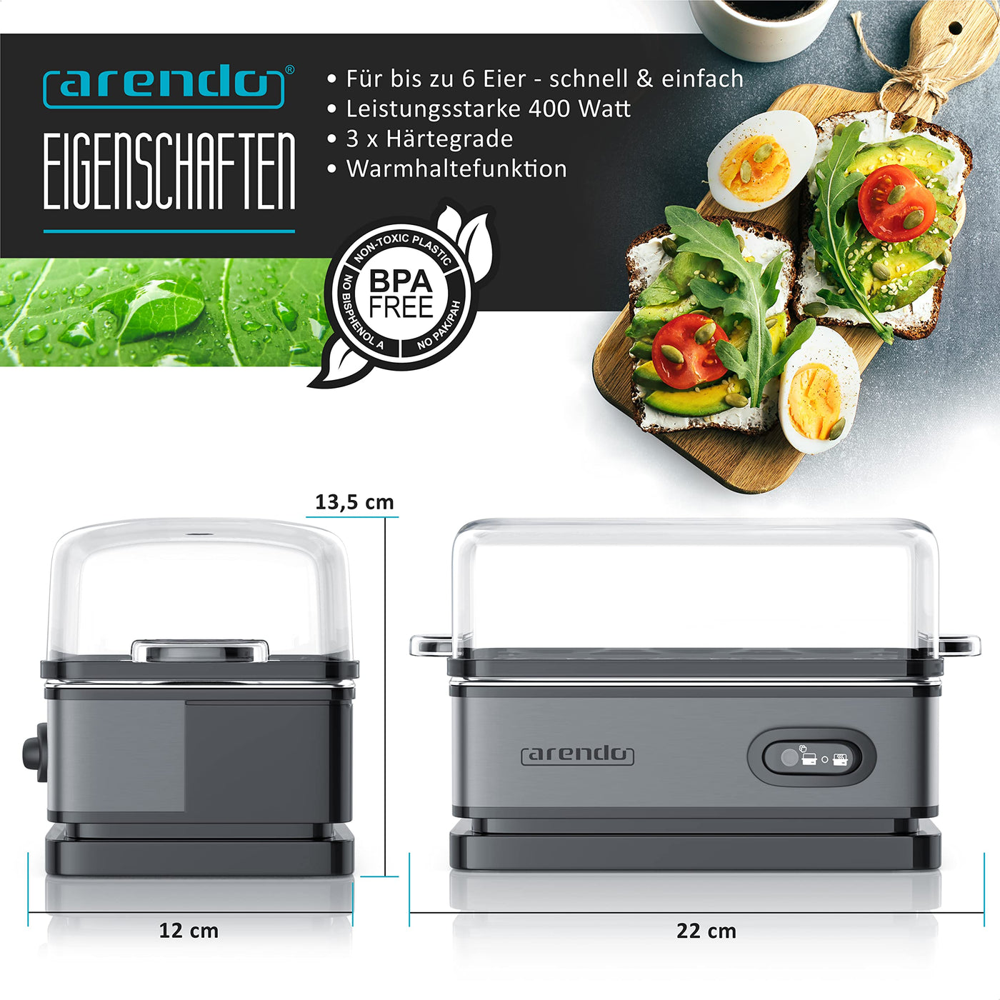 Arendo - Eierkocher Edelstahl mit Warmhaltefunktion - Kipp-Funktionsschalter mit Indikationsleuchte - frei wählbarer Härtegrad - rostfreier gebürsteter Edelstahl - BPA-frei - in Cool Grey