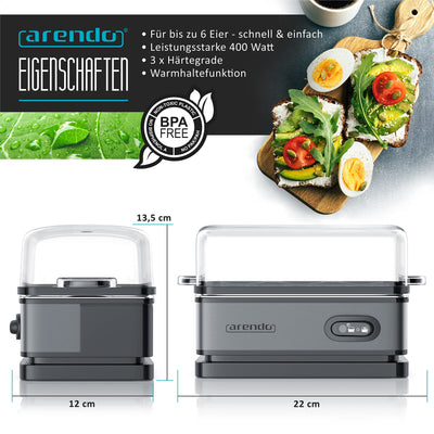 Arendo - Eierkocher Edelstahl mit Warmhaltefunktion - Kipp-Funktionsschalter mit Indikationsleuchte - frei wählbarer Härtegrad - rostfreier gebürsteter Edelstahl - BPA-frei - in Cool Grey