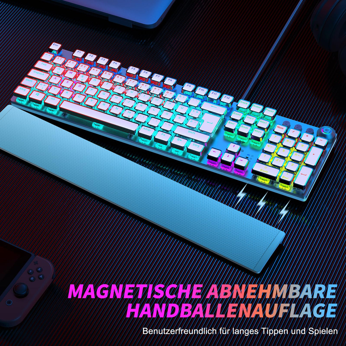 TECURS Gaming Tastatur Mechanische - Gamer Tastatur Programmierbare mit Magnetische Handgelenkauflage, Rote Schalter, 19 LED Modi, Multimedia-Tasten, PC Tastatur mit Kabel QWERTZ DE-Layout, Weiß