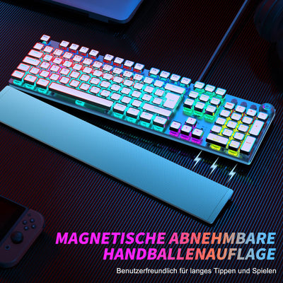 TECURS Gaming Tastatur Mechanische - Gamer Tastatur Programmierbare mit Magnetische Handgelenkauflage, Rote Schalter, 19 LED Modi, Multimedia-Tasten, PC Tastatur mit Kabel QWERTZ DE-Layout, Weiß