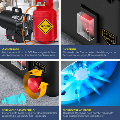 Masko® Gasheizgebläse Gasheizer Heizkanone Gasheizstrahler 15 KW Bauheizer Gas Heizgerät heizstrahler Heißluftgenerator inkl. Gasschlauch & Druckminderer Heizgebläse für handelsübliche Gasflaschen