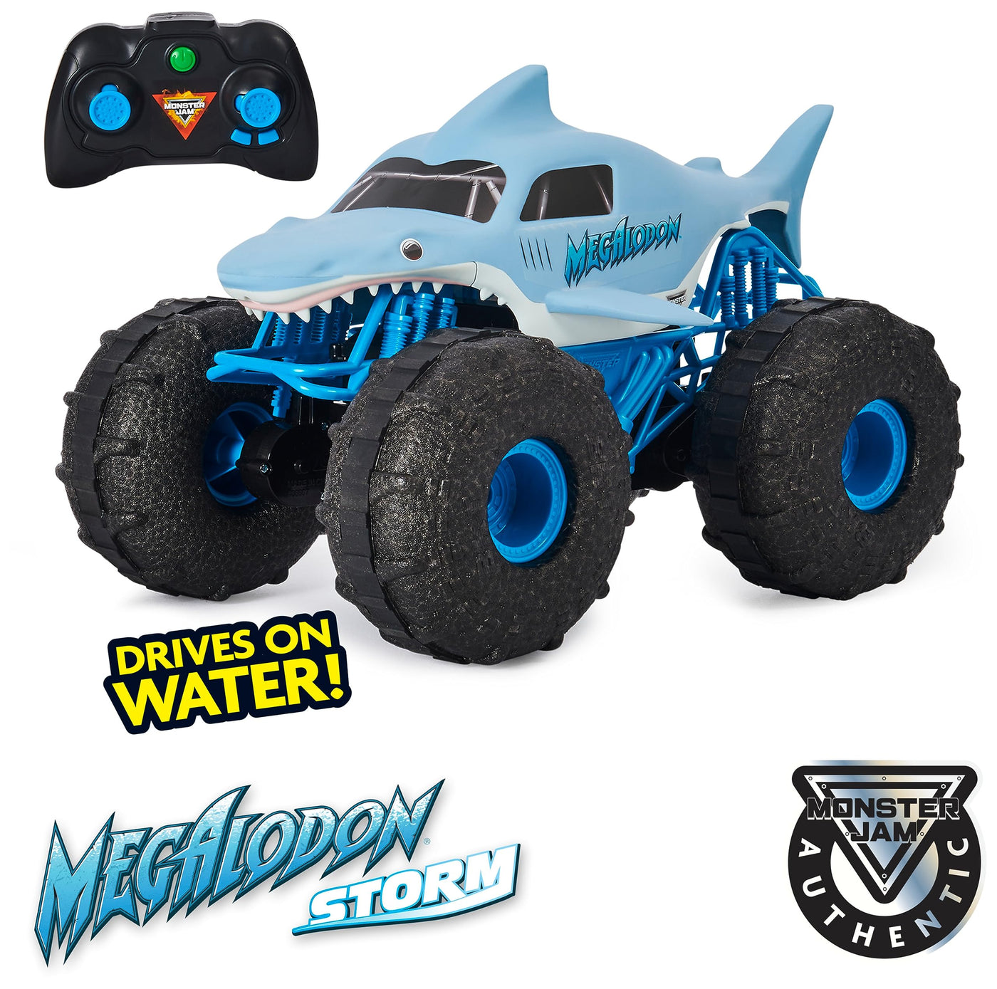 Monster Jam Megalodon Storm, RC Truck, Amphibienfahrzeug in Hai-Optik für Land und Wasser, Maßstab 1:15 - kinderleichte Bedienung, ab 4 Jahren