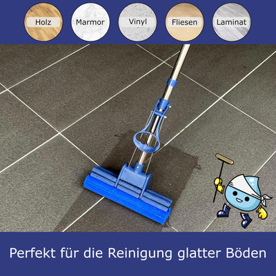 CleanAid OneTouch GO! Wischmopp, Bodenwischer, Wringmopp, Wischer mit Auswringfunktion - besonders saugstark - mit PVA Schwamm und Segmentstiel aus Edelstahl