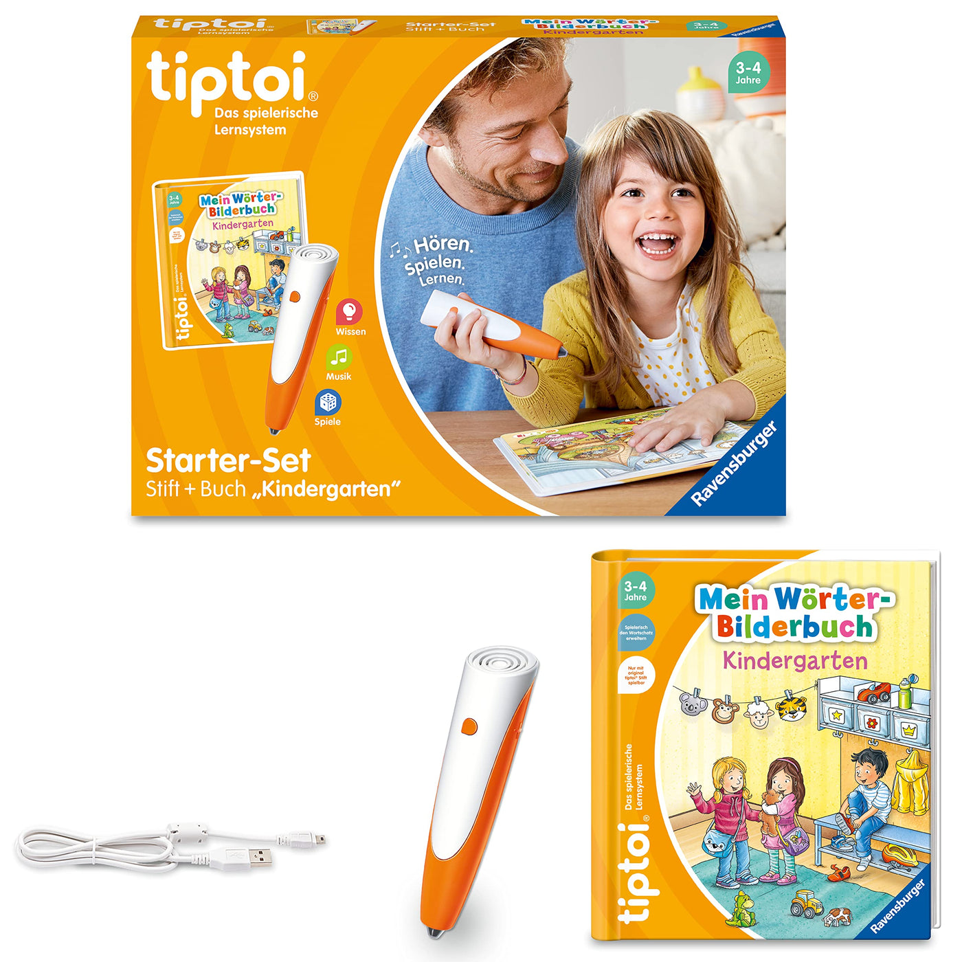 Ravensburger tiptoi Stift und Wörter-Bilderbuch Kindergarten - Lernspielzeug für Kinder ab 3 Jahren - Stylus mit überragender Audioqualität, Akku und Soft-Grip-Hülle - Grün, Orange, Silber - 00113