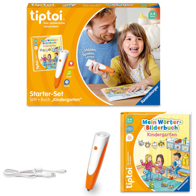 Ravensburger tiptoi Stift und Wörter-Bilderbuch Kindergarten - Lernspielzeug für Kinder ab 3 Jahren - Stylus mit überragender Audioqualität, Akku und Soft-Grip-Hülle - Grün, Orange, Silber - 00113