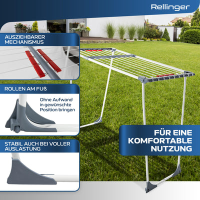 RELLINGER® Wäscheständer ausziehbar [20M TROCKENLÄNGE] - Wäscheständer hoch - Premium Wäschetrockner Ständer - Faltbarer Wäscheständer XXL - ausziehbarer Wäscheständer - Standtrockner rutschfest