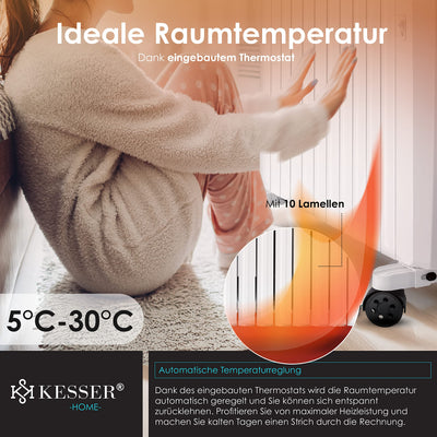 KESSER® 2500W Ölradiator mit WiFi App & Fernbedienung digitalem Display- elektrischer energiesparender Heizkörper mit 10 Rippen, Timer Zeitschaltuhr, 4 Heizstufen, Thermostat, Weiß