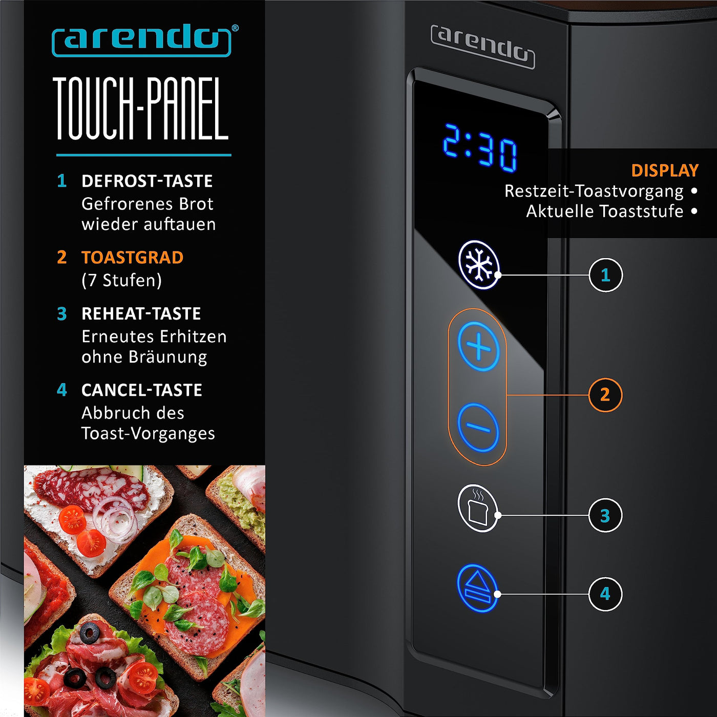 Arendo - Touch Toaster 2 Scheiben Edelstahl - Touchpanel - digital Display Restzeitanzeige - 800 W – Doppelwandgehäuse – mit Brötchenaufsatz – 7 Bräunungsgrade – Brotscheibenzentrierung - Schwarz