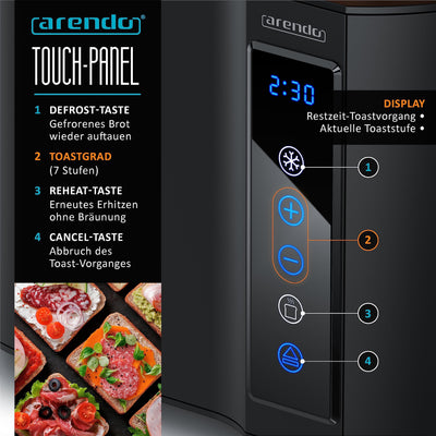 Arendo - Touch Toaster 2 Scheiben Edelstahl - Touchpanel - digital Display Restzeitanzeige - 800 W – Doppelwandgehäuse – mit Brötchenaufsatz – 7 Bräunungsgrade – Brotscheibenzentrierung - Schwarz
