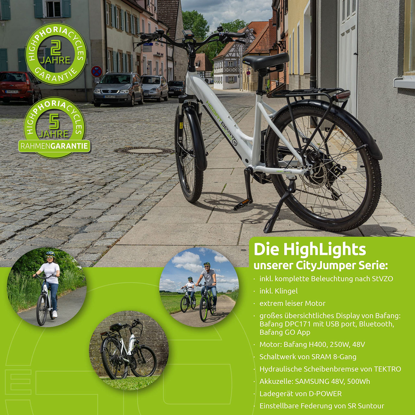 Highphoria Elektrofahrrad City E-Bike 26 Zoll für Damen, 25 km/h Tiefeinsteiger Elektrische Fahrrad mit Bafang-Motor 250W, 8 Gang Schaltung Pedelec(Weiß-Schwarz)