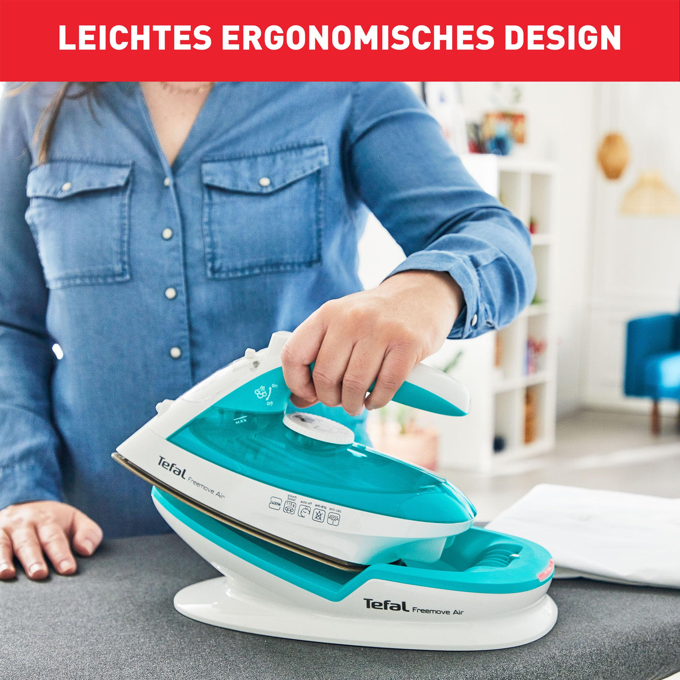 Tefal FV6520 Freemove Air Kabelloses Dampfbügeleisen | 2400 W | 25g/Min-Dauerdampf | 115g/Min-Dampfstoß | Kabellose Technologie | Automatisches Abschalten | Türkis/Weiß